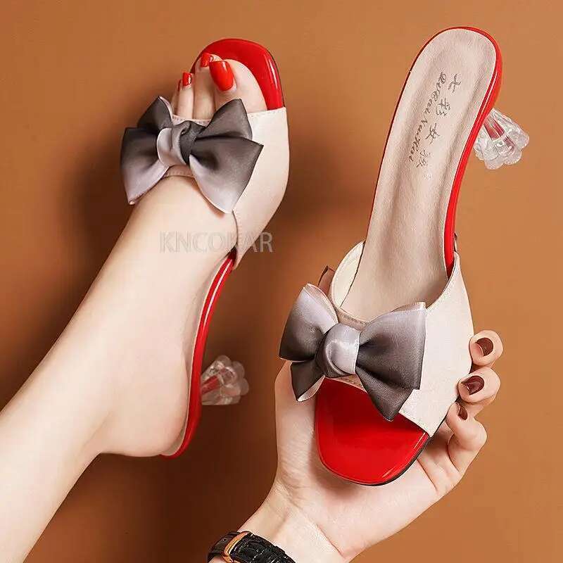 Middle New Crystal Sweet One word Flip Bow Tie Cool Slippers Women's Summer Outwear Versatile Thin High Heel