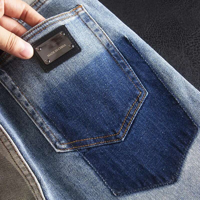Ripped Patch Jeans For Men, Light Blue, High-End Fashion Design, Patchwork Slim Fit Straight Pants