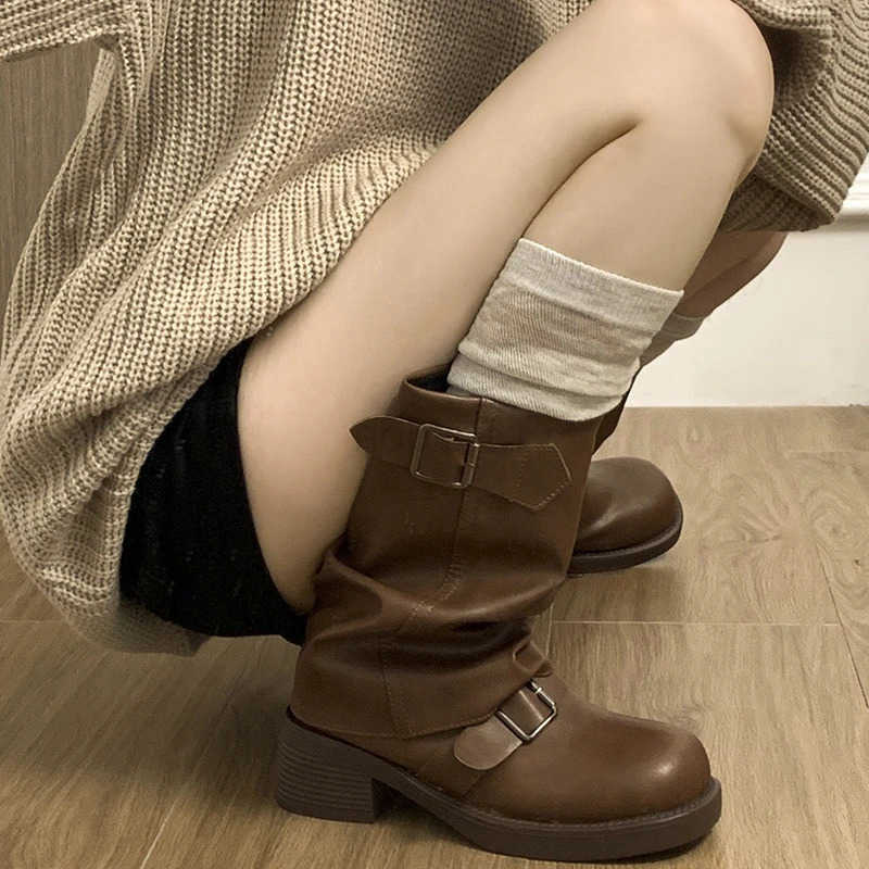 2024 Fion Round Toe Ladies Elegant Pipe Short Boot Shoes Wens Footwear Heeled Cfortable Winter New Wan Biker Boots Z250304