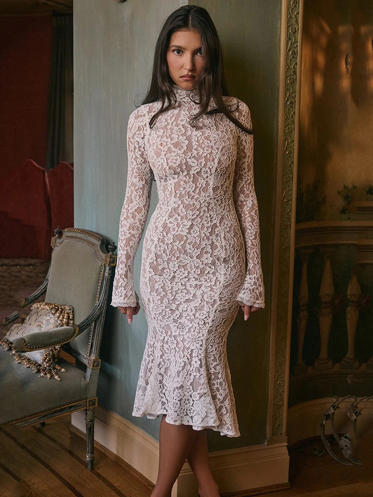 Elegant Lace Bodycon Midi Dress, Long Sleeve Party for Women, Half High Collar Sexy Club Dress C260312