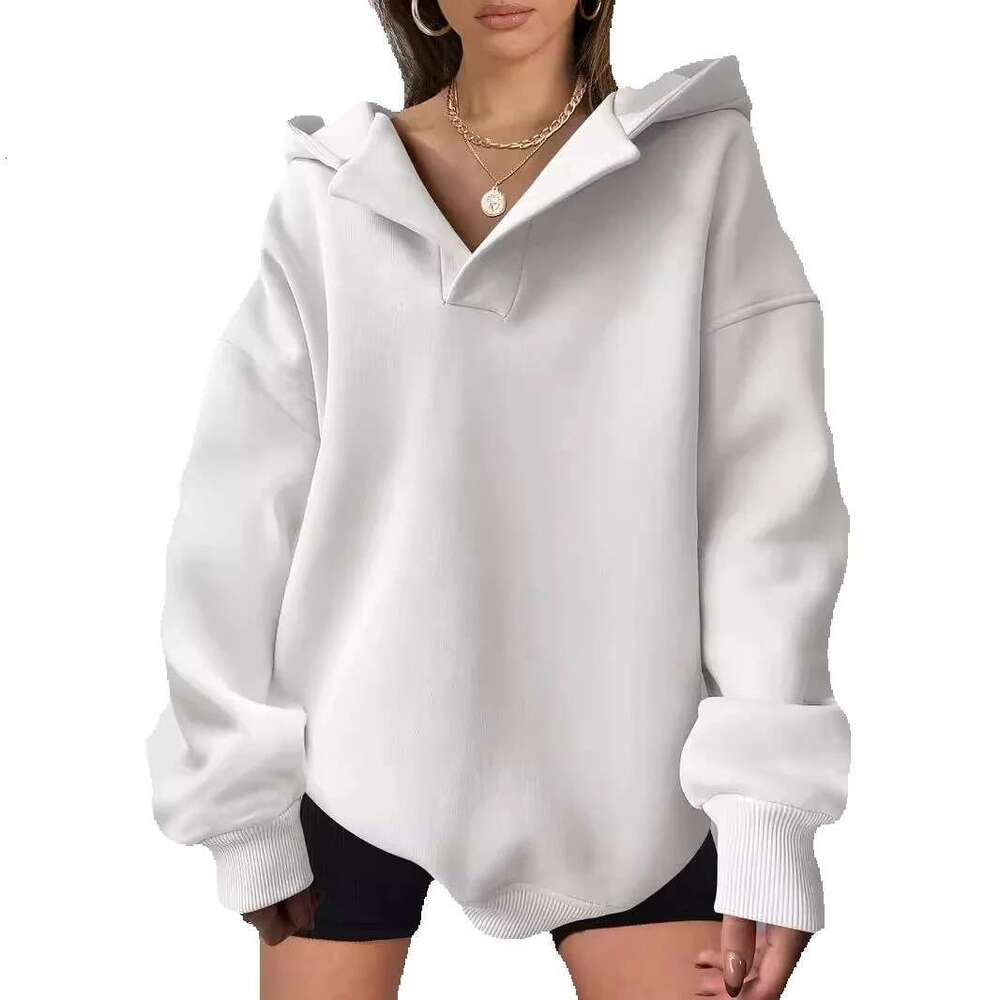 New Autumn Winter Women's Sportswear Veet Hooded Casual Loose Solid Color Hoodies V Neck Long Sleeve Sweatshirt