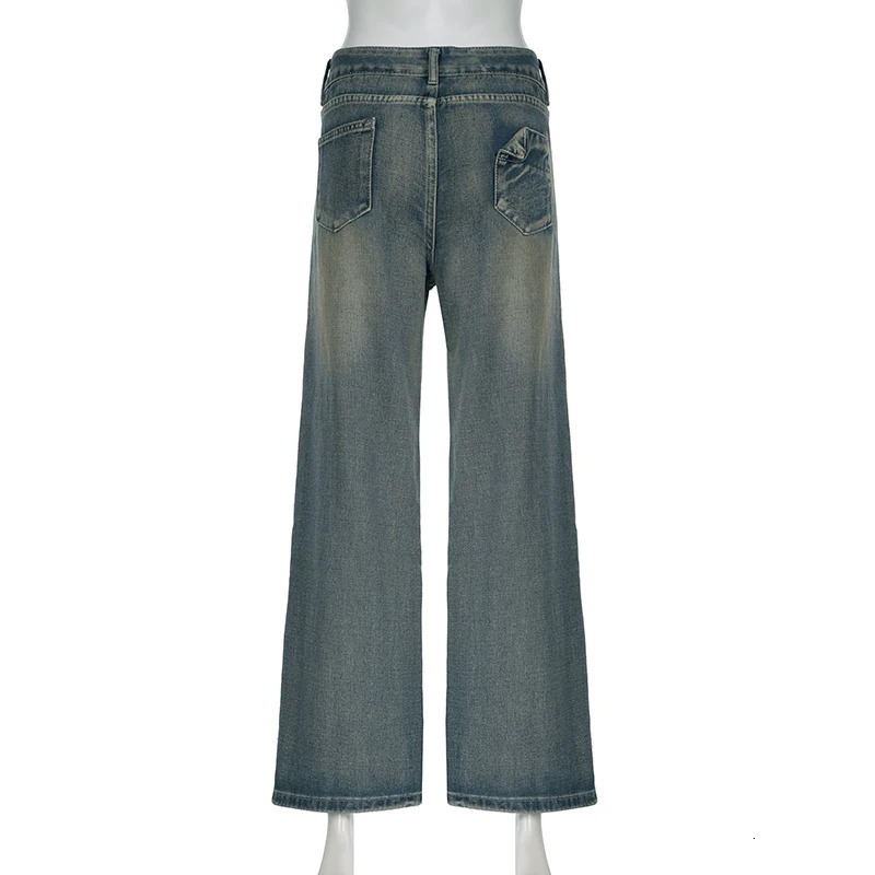 BIIKPIIK Vintage Washed Loose Fit Jeans Casual Denim Pants For Women Streetwear Pockets Straight Trousers Summer Bottom Clothing 250227