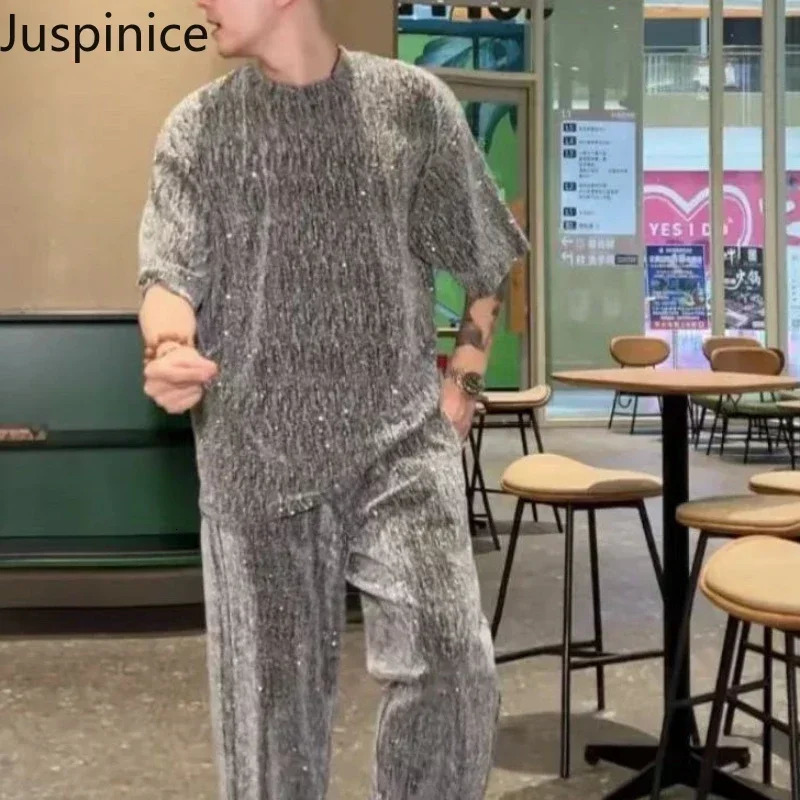 Summer Personalized Short-sleeved T-shirt Trousers Suit Mens Loose Casual High Street Personalized Tops Pants Male Clothes 250303