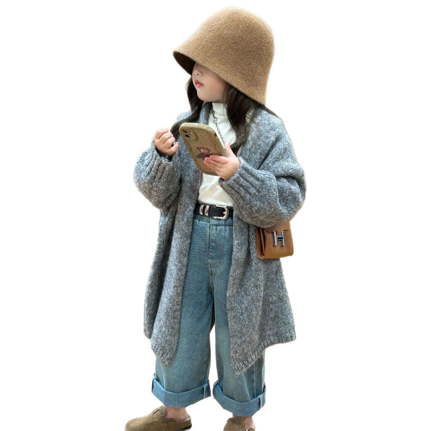 Ddmyshoesvip Autumn Girls Mid To Long Autumn And Winter Children S Korean Style Thick Cardigans Jackets Knitted Sweaters New Styles