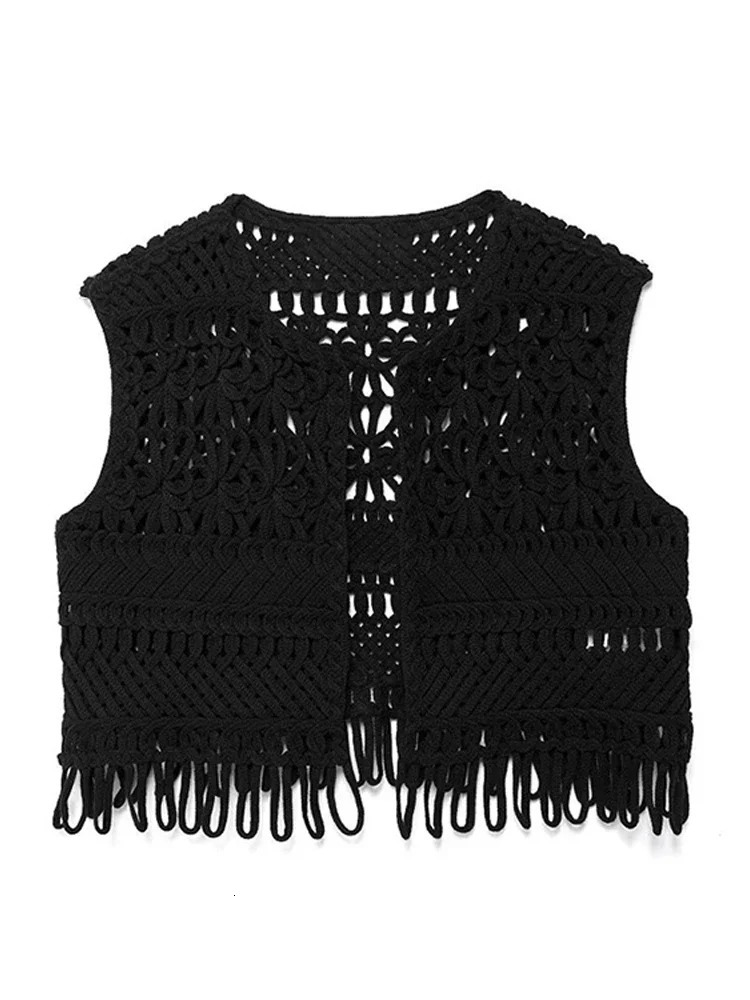 Hollow Out Crochet Knitted Womens Vest Sleeveless Tassels Open Front Slim Cardigan Waistcoat Fashion Knitwear Crop Top 250303