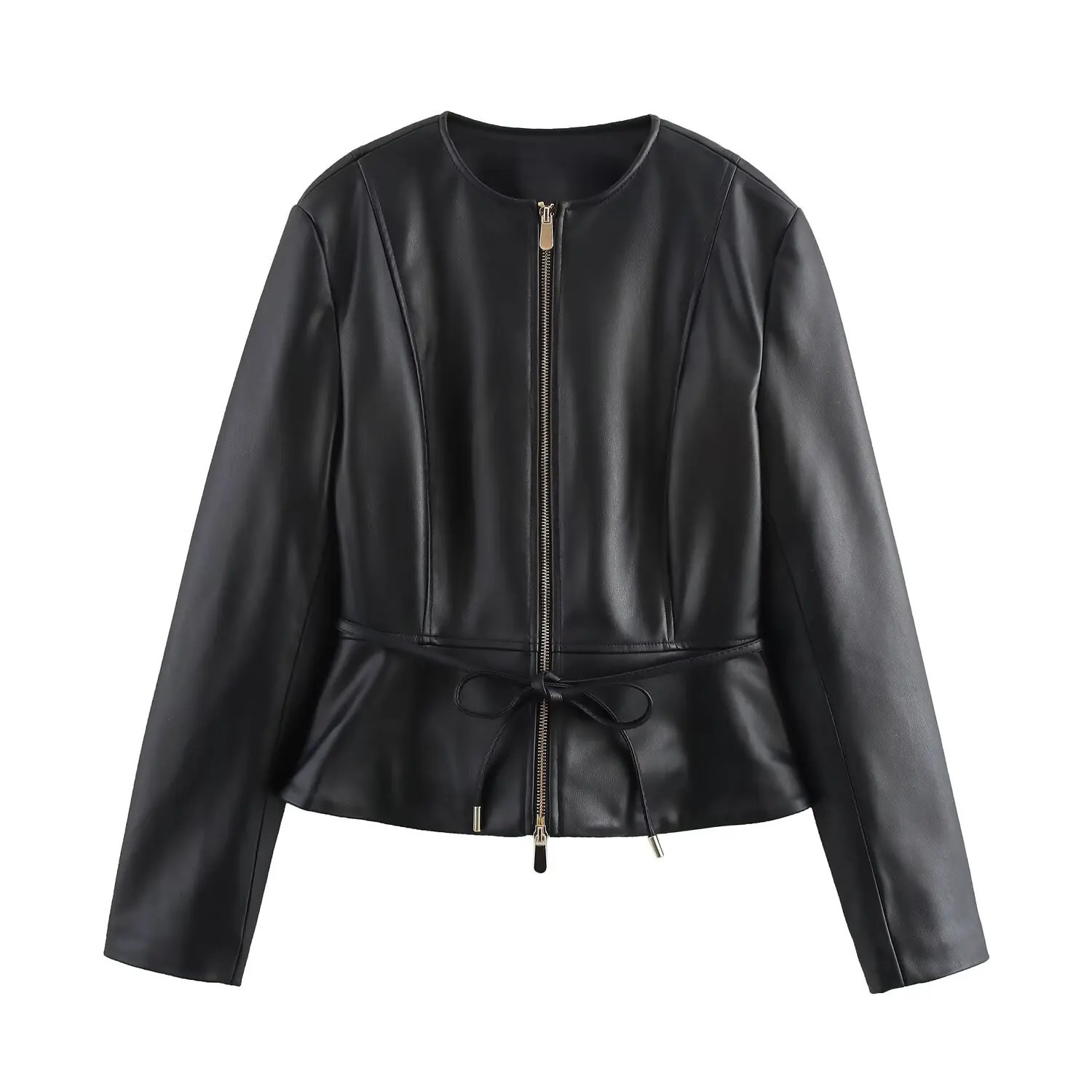 ZBZA Womens Leather Ruffle Jacket Round Neck Long Sleeve Front Zipper Thin Belt Top Spring Summer Chic Outerwear 250226