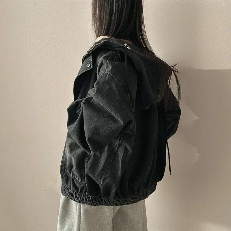 Fashion Drawstring Hooded Denim Jacket Women's Loose Zipper Long Sleeves Casual Black Jackets New Tide