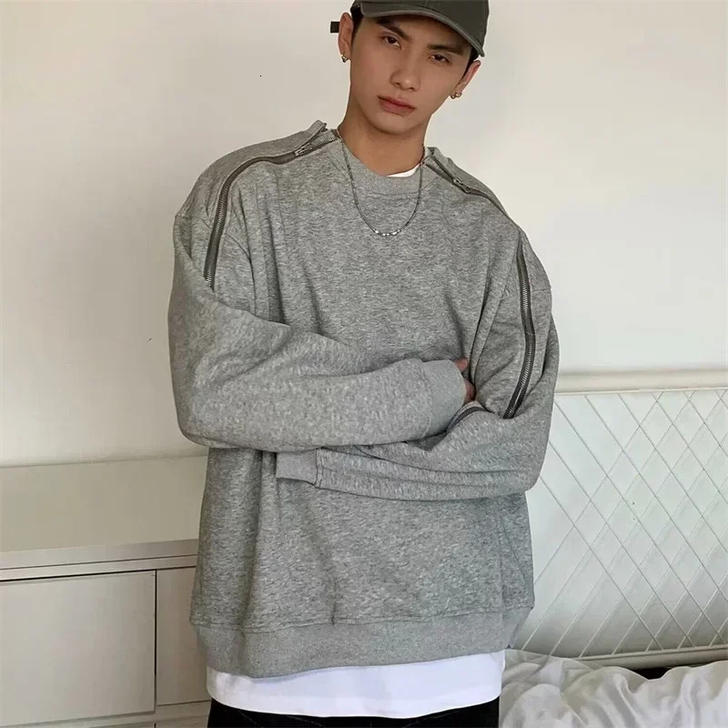 Autumn Zipper n Oneck Sweatshirts Mens Y2K Vintage Streetwear Gray Pullover Hoodies Loose Hip Hop Fashion Sweatshirt 250304