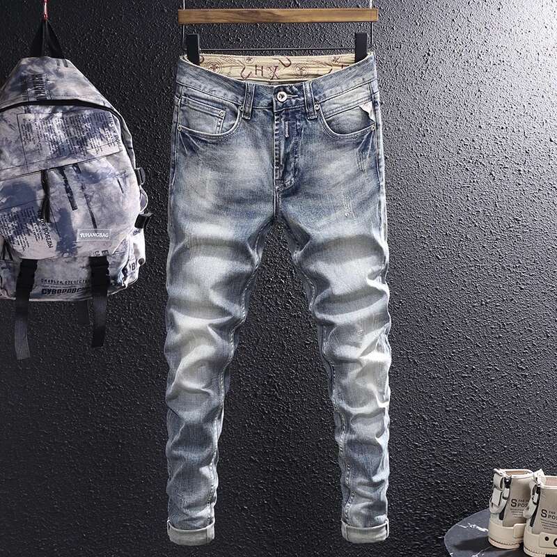 Newly Designer Fashion Retro Gray Blue Elastic Slim Fit Ripped Jeans Men Casual Trousers Vintage Denim Pants Hombre