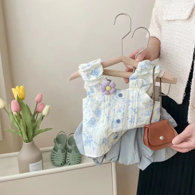 Summer Kid Girl 2PCS Clothing Cotton Floral Print Slip Tops Solid Cool Flower Bud Shorts Baby Girl Outfit Letter Teeshorts Suit 250304