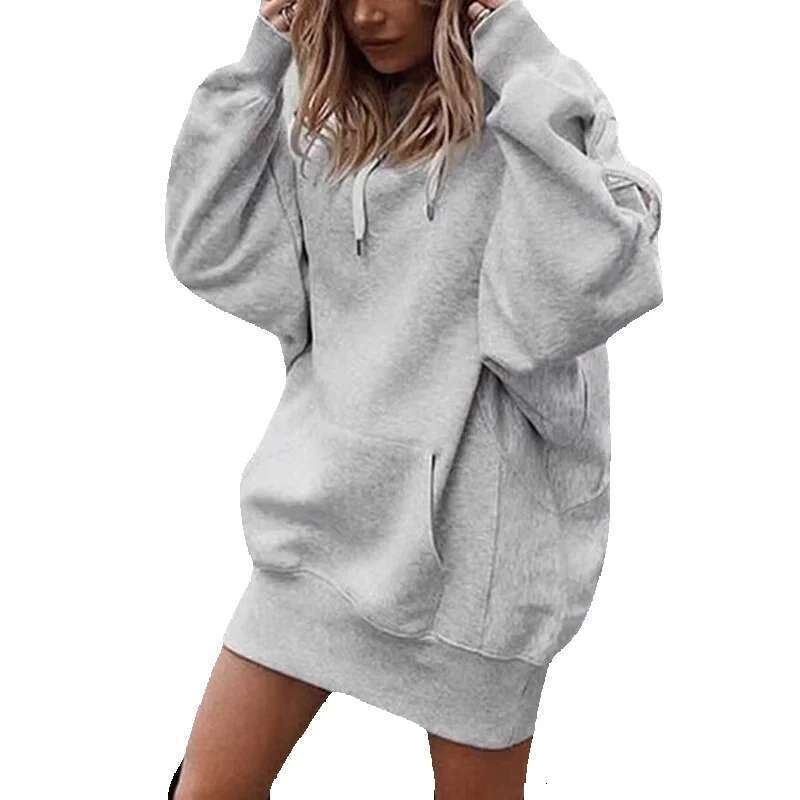 Fashion Solid Color Sweatshirt Women Long Pullover Coat Fleece Plus Size Hoodie