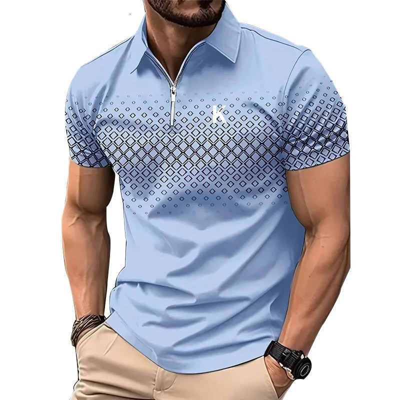 Men Summer 3D Digital Print Casual Short Sleeve Zipper Polo Shirt Men Golf Polo Shirt Fashion Business Polo Shirt . 250304