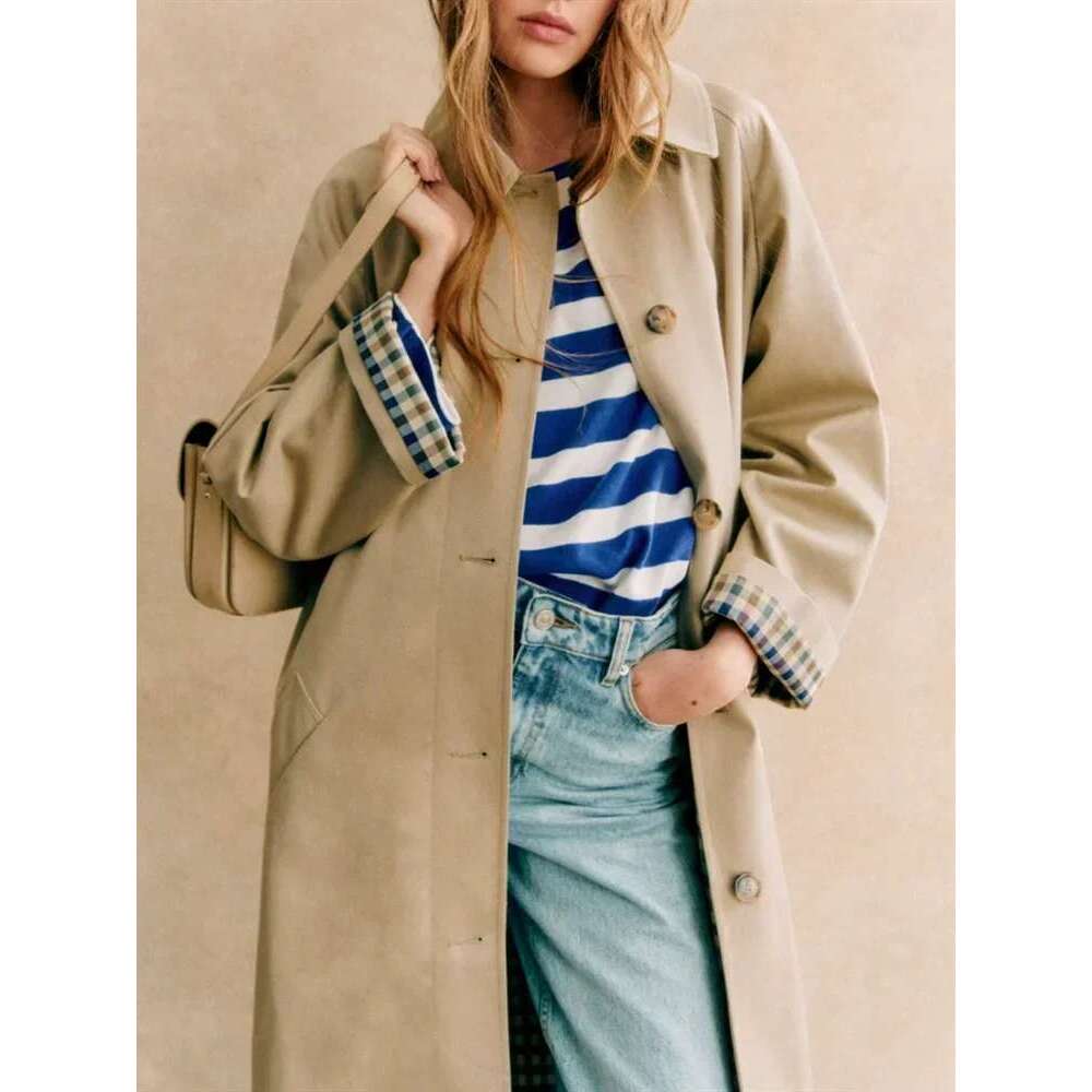Women French Contrast Color Plaid Long Trench Coat Single-Breasted Turn-Down Collar Lady Mid-Length Windbreaker Jacket Tops