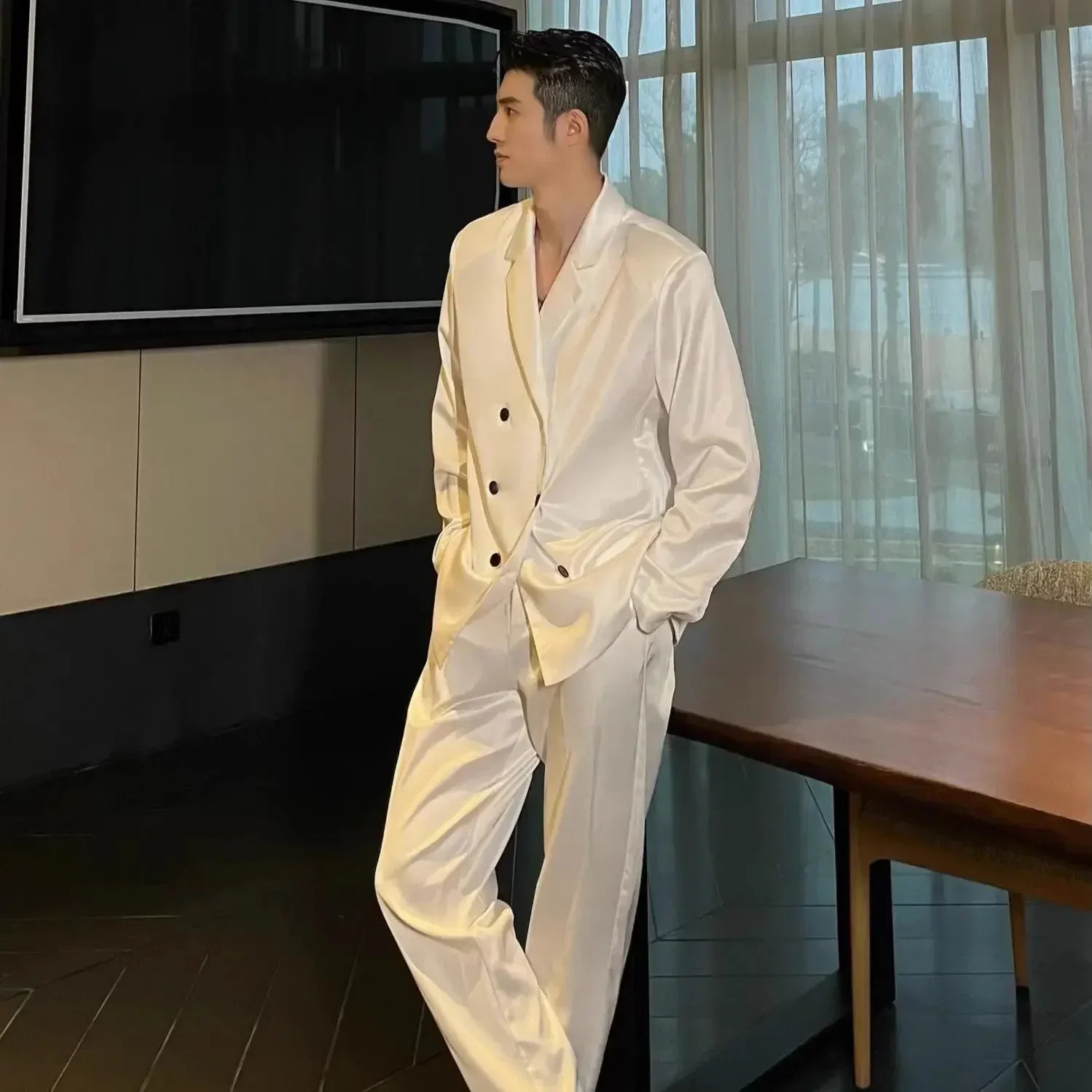 Spring Niche Casual Temperament Suit Fashion Loose High Street Loose Overcoat Long Pants Men Trousers Set Male Clothes 250303