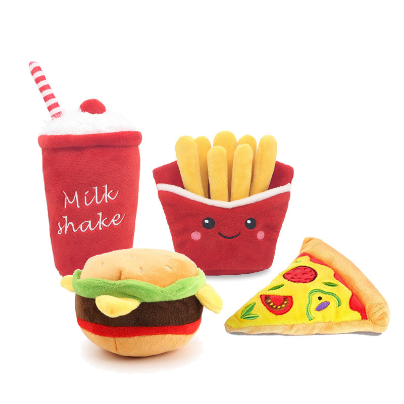 Plush Squeaky Dog Toys Hamburgers, French Fries, Pizza, Food Shaped Puppy Toys with Squeakers, Food Themed Toys for Small Medium Large Dog Breeds E13