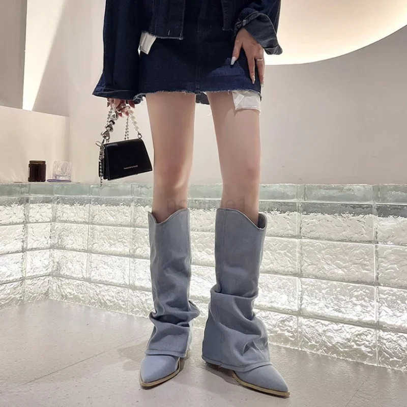 Wen Pleats Blue Denim Thigh High Boots Autumn New Thick Heeled Pointed Toe Cowboy Boots Wan Slip On Wern Long Boots Z250304