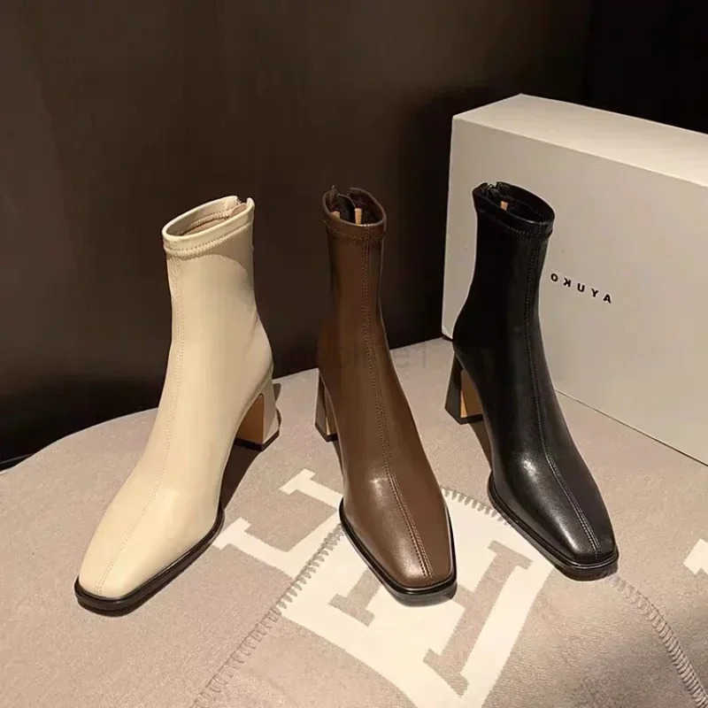 Wens Fion Ankle Boots Winter Square Toe Leather High H 2025 Back Zipper Cfortable Warm Elastic Boots Botas De Mujer Z250304