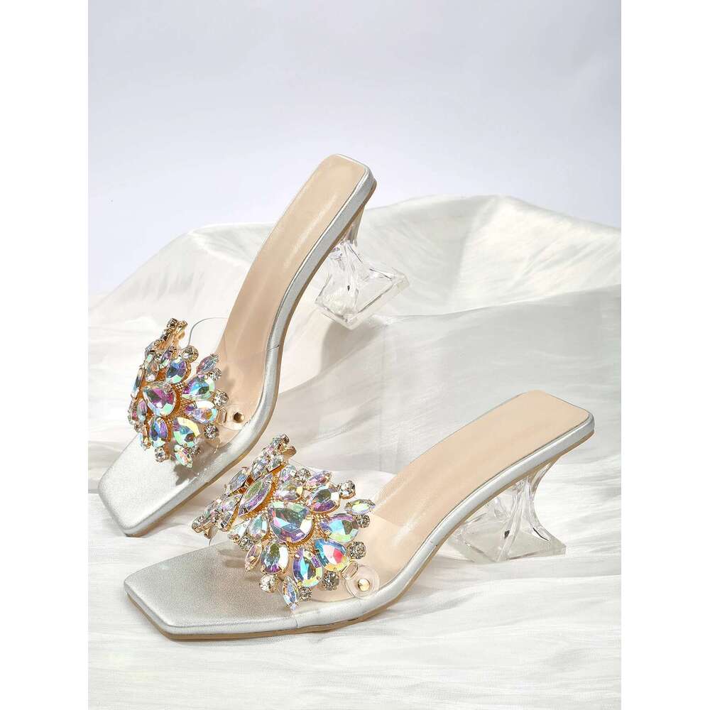 Sier Summer Bright Transparent Crystal Half Trailer High Heel with Thick Heels and Large Sized Outwear Fashion Sandals