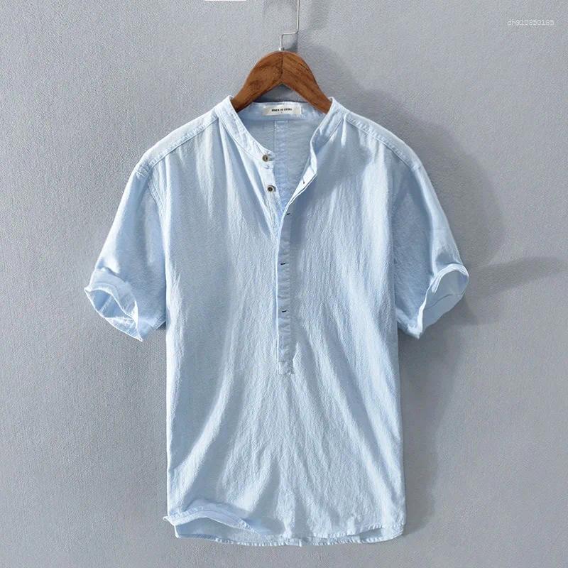 Men's Casual Shirts Cotton And Linen Shirt High-end Loose Short Sleeves Half-open Button Henry Collar Breathable Inch Trendy