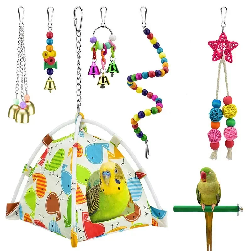 Bird Toy Set 7-piece Tent Stand Stick Bell Swing Bird Nest Parrot Supplies Parrot Toys Bird Accessories