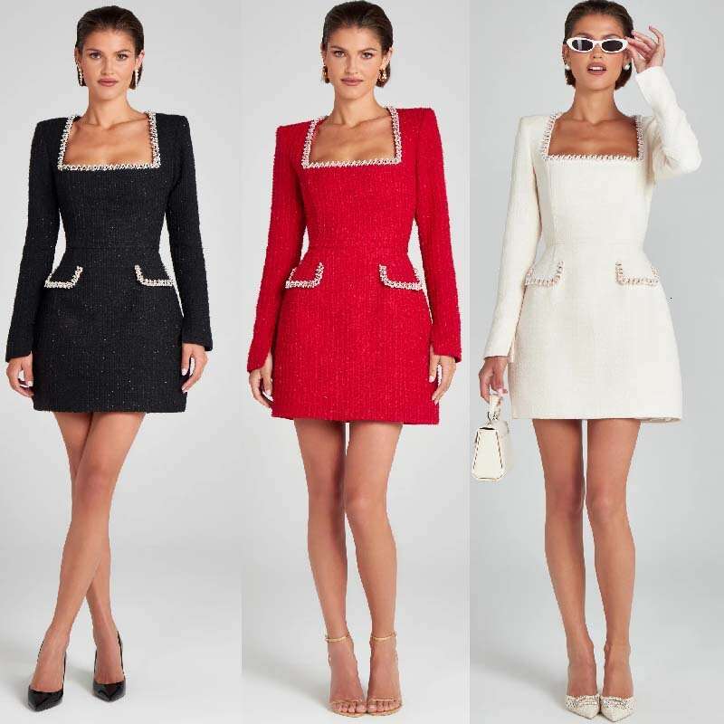 European American slim fit slimming U-neck long sleeved nail bead small fragrant dress for women, 2025 new style chic and elegant clothing