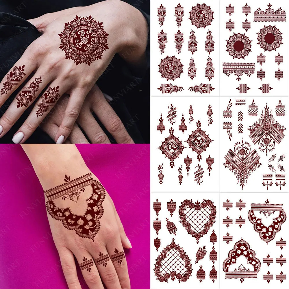 Waterproof Brown Henna Tattoo Stickers for Women Temporary Tattoos Hand Flower Wedding Festival Body Art 250219