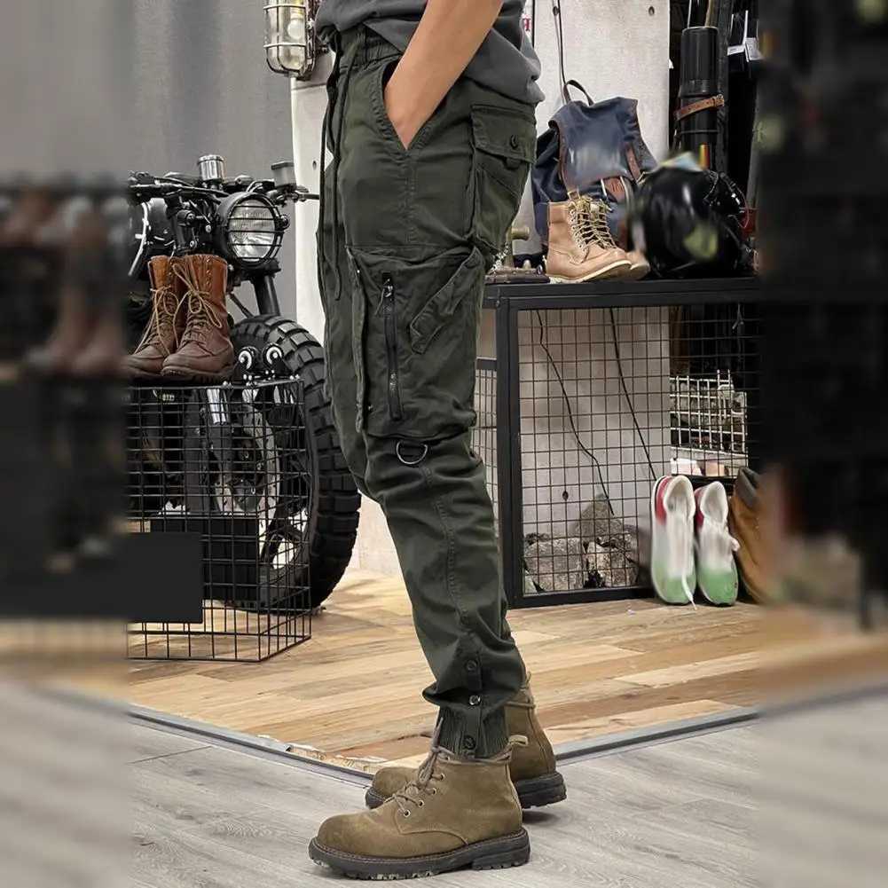 Spring Fall Men Cargo Pants Drawstring Waist Multi Pockets Ankle-banded Solid Color Sport Trousers Daily Wear Outdoor TrainingXJ250303