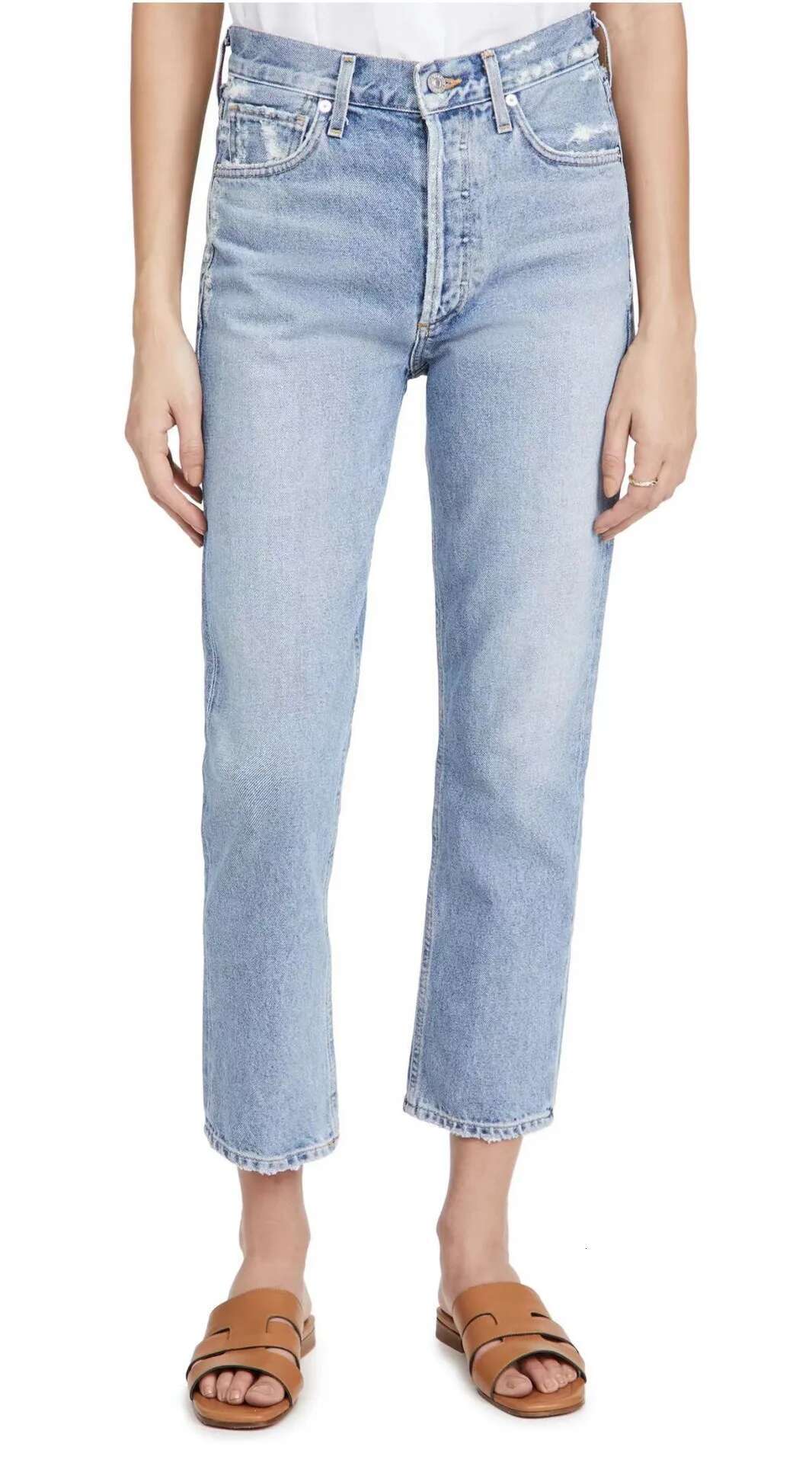 Women Fashion High Waist Light Blue Denim Pants Boyfriend Style Casual Straight Jeans