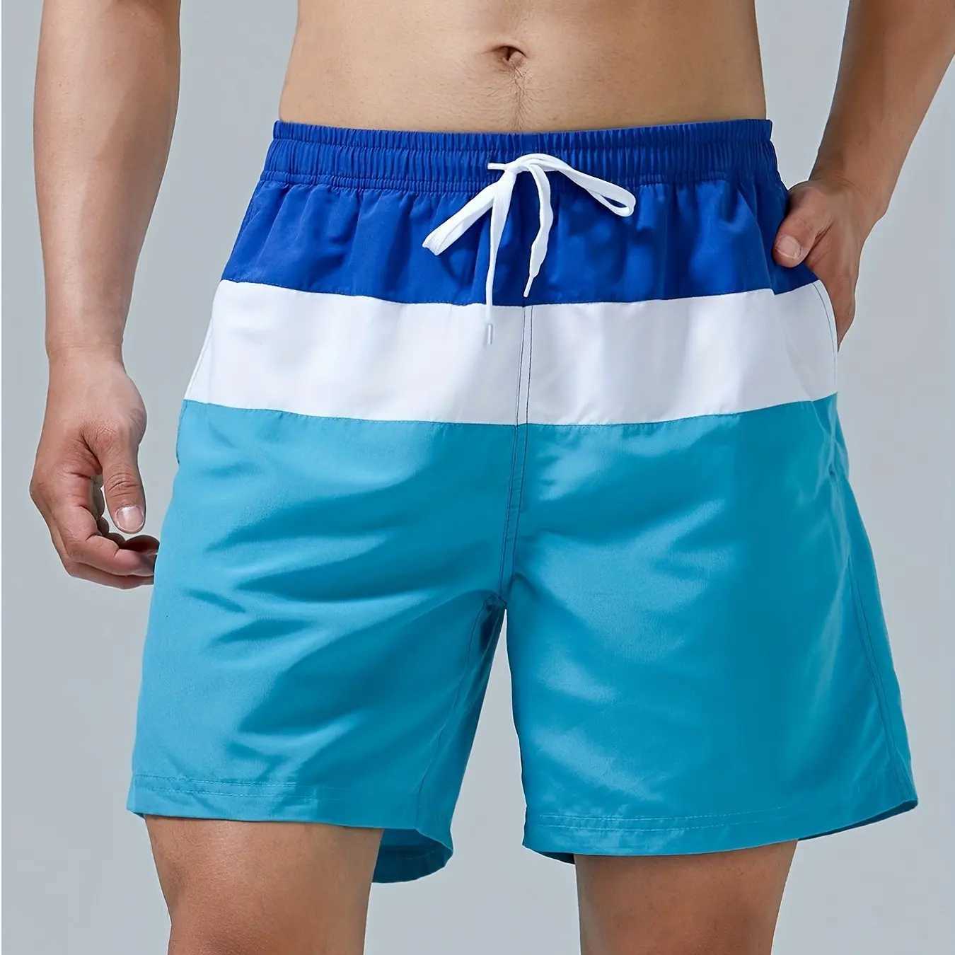 Trendy Color Block Pattern Print Mens Women Swim Trunks Quick Dry Drawstring Beach Shorts Mens Pants Swimwear For Summer BeachT250304