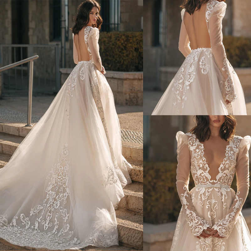 A e Wedding Dresses Deep V Neck Lace Appliques Long Sleeve Bridal Gowns Sexy Backless Bride Dress Customized