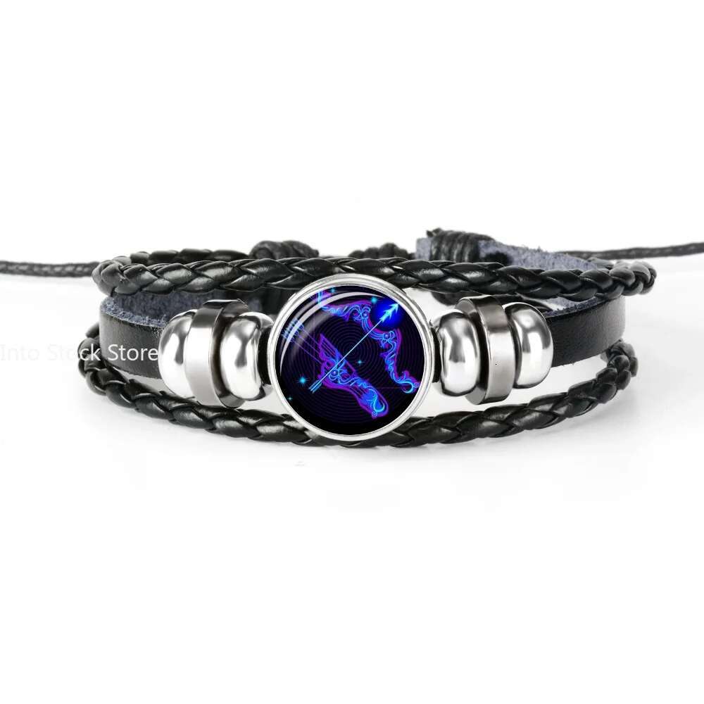 12 Constellation Zodiac Sign Black Braided Leather Cancer Leo Virgo Libra Woven Glass Dome Jewelry Punk Men Bracelet