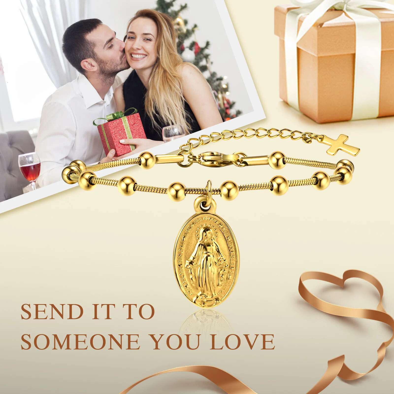 Bracelet for Women Girls, Gold Plated Stainless Steel Religious Cross and Virgin Mary Prayer Bracelets Gifts