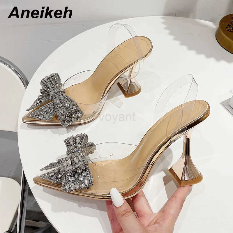 Aneikeh 2023 Summer Wen Fi Shoe Sexy High Heel Ankle Slingbacks Buckle Strap Pointed Toe -Knot Decorati Pumps Z250304