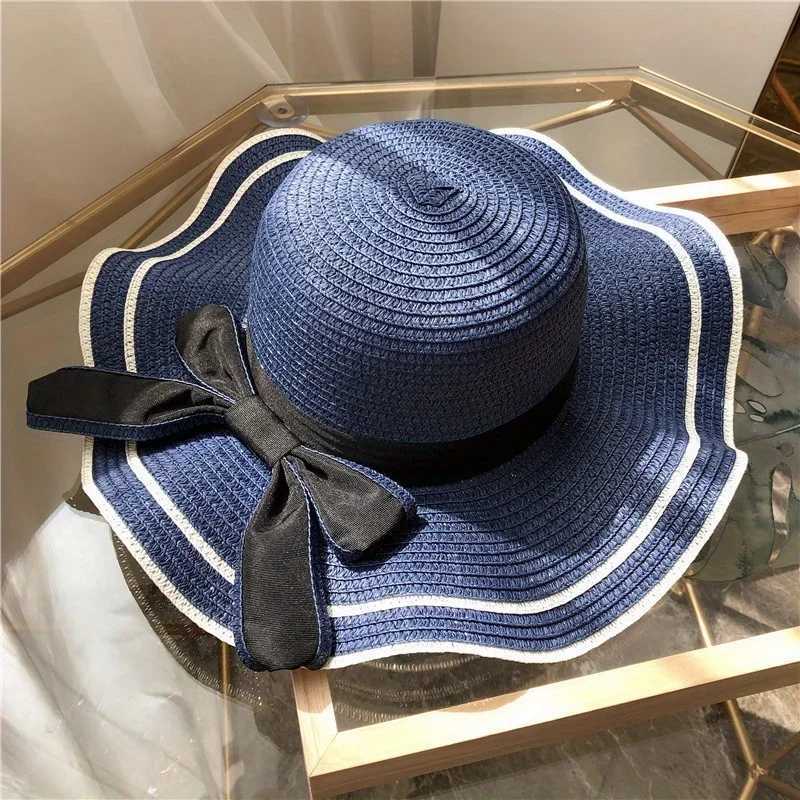 Big Brim Wave Black Edge Bow Solid Bucket Hat Str C Womens Beach Hat Seaside Sunshine C Cover Travel Holiday Sun HatXJ250304