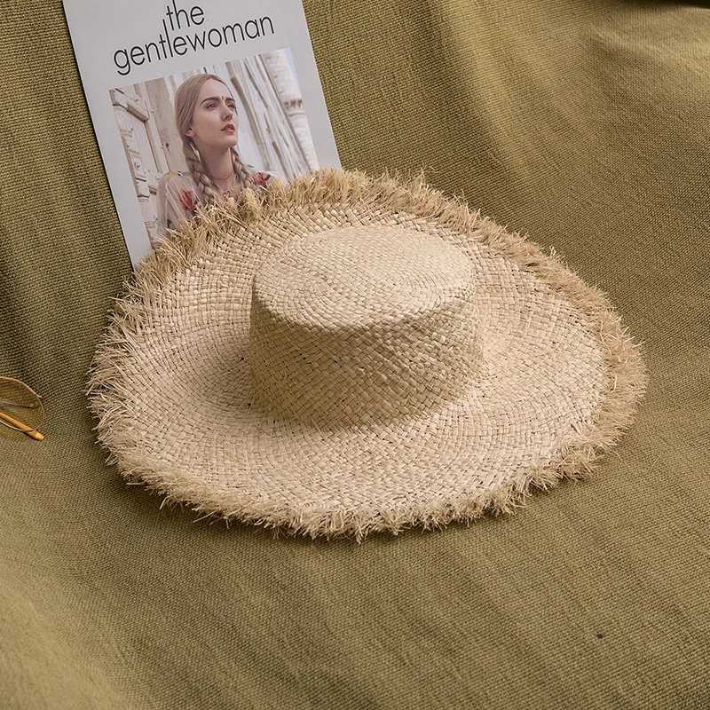 2024 Handmade Big Brim Hat Oversized Tassel Burrs Women Men Str Sun Brim Hats Natural Raffia Panama Beach Summer HatXJ250304