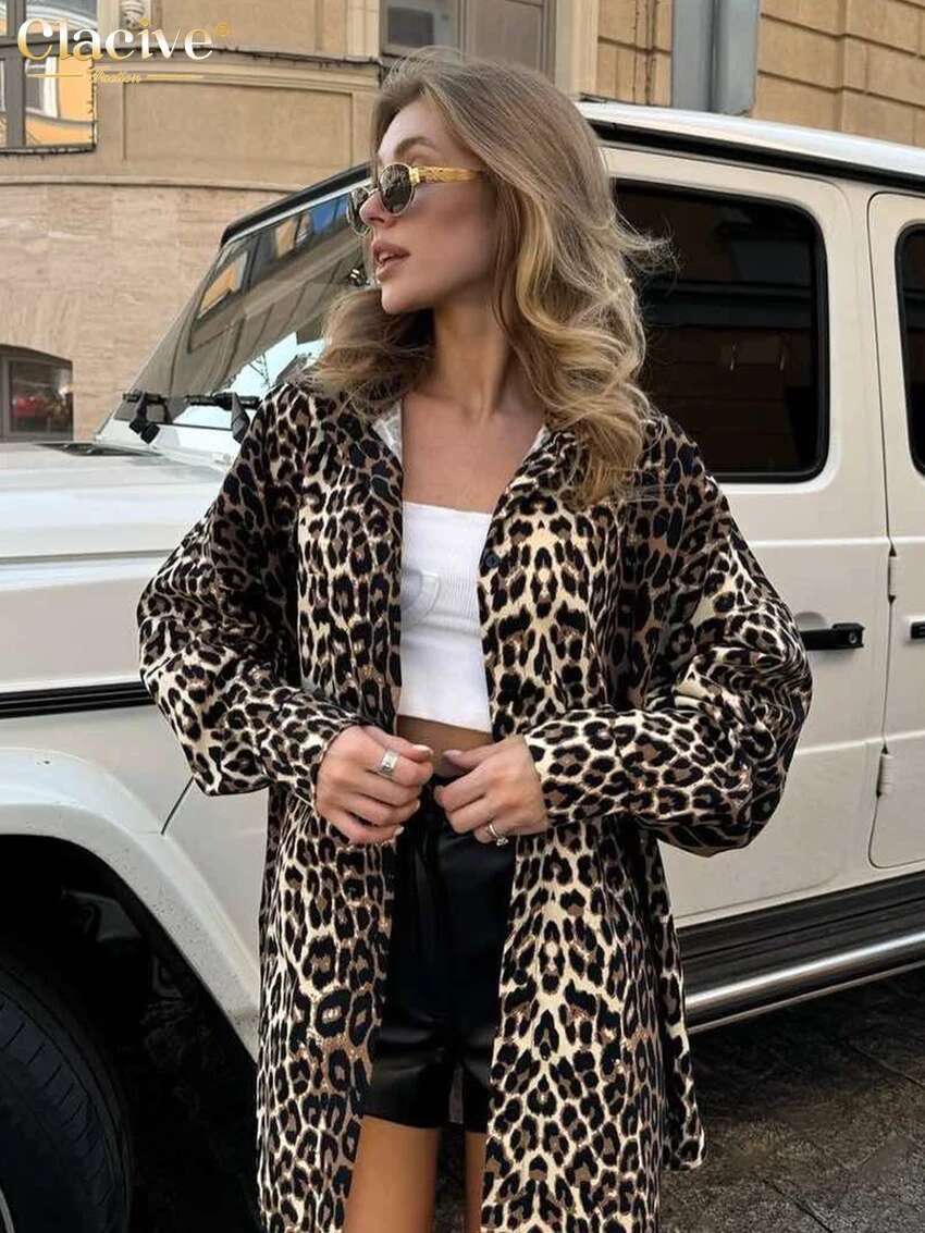 Clacive Fashion Loose Print Women 2025 Casual Lapel Long Sleeve Blouse Classic Top Female Shirt Streetwear