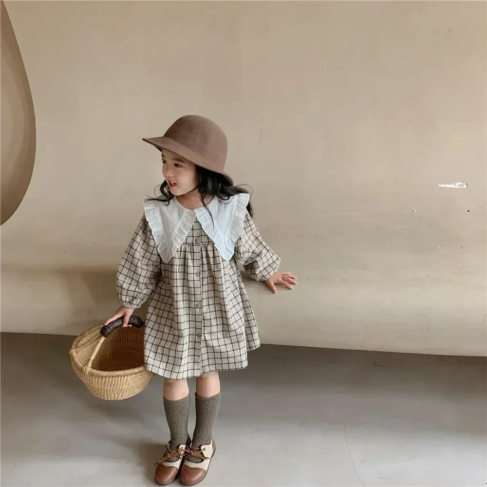 8486 Girls Clothing Casual Dress Spring and Autumn Korean Cotton Linen Princess Plaid 250303