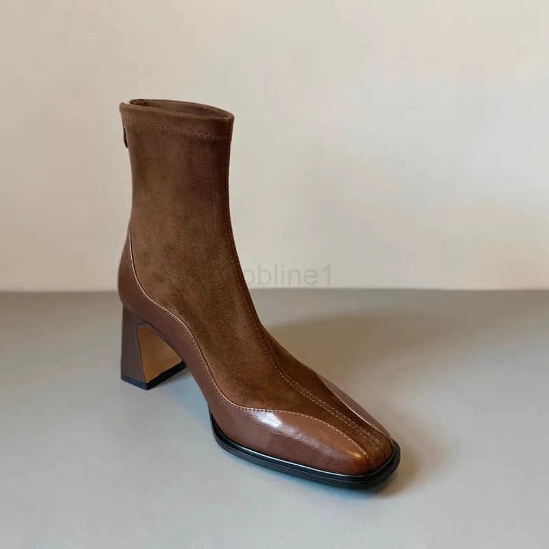 Wens New Winter Thick Heel Cotton Boots Square Splicing Suede Back Zipper Anti-slip Wear-resistant Short Boots Z250304