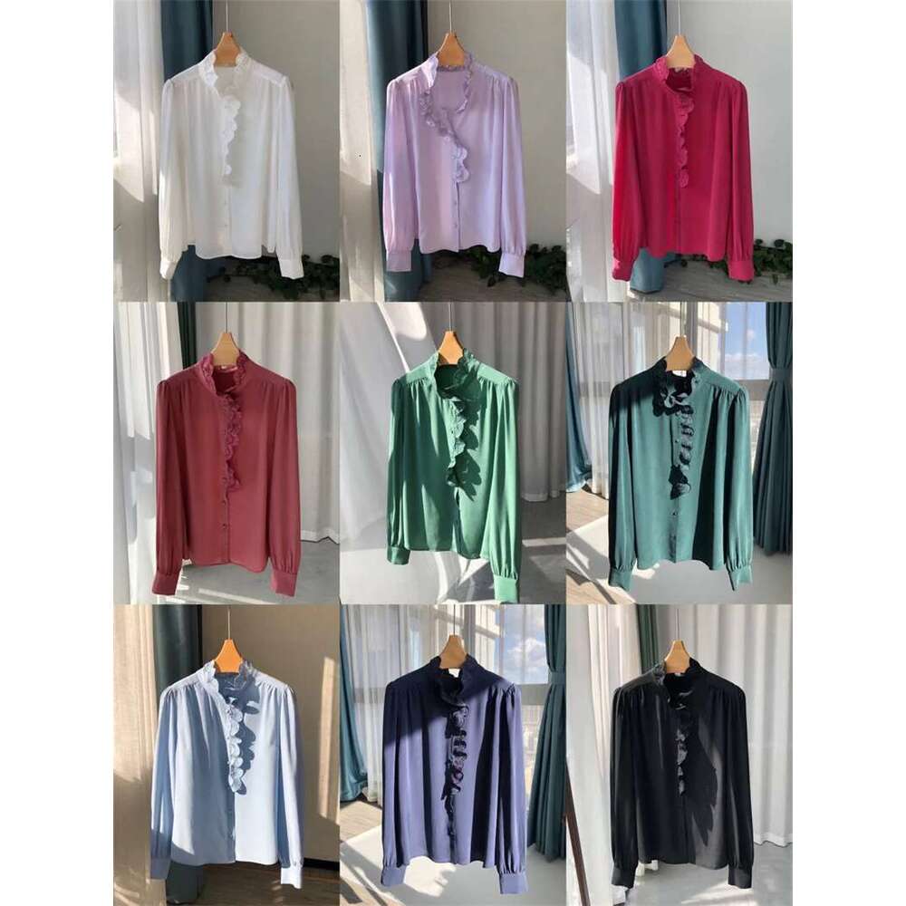 Women Lace Embroidery Collar 100% Silk Shirt Single-Breasted Top Long-Sleeved Lady Elegant Blouse Summer New