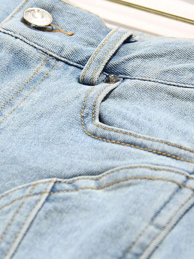 EAM High Waist Blue Color-Block Pockets Long Pencil Jeans New Loose Women Trousers Fashion Tide Spring Autumn 2025 Wt05205