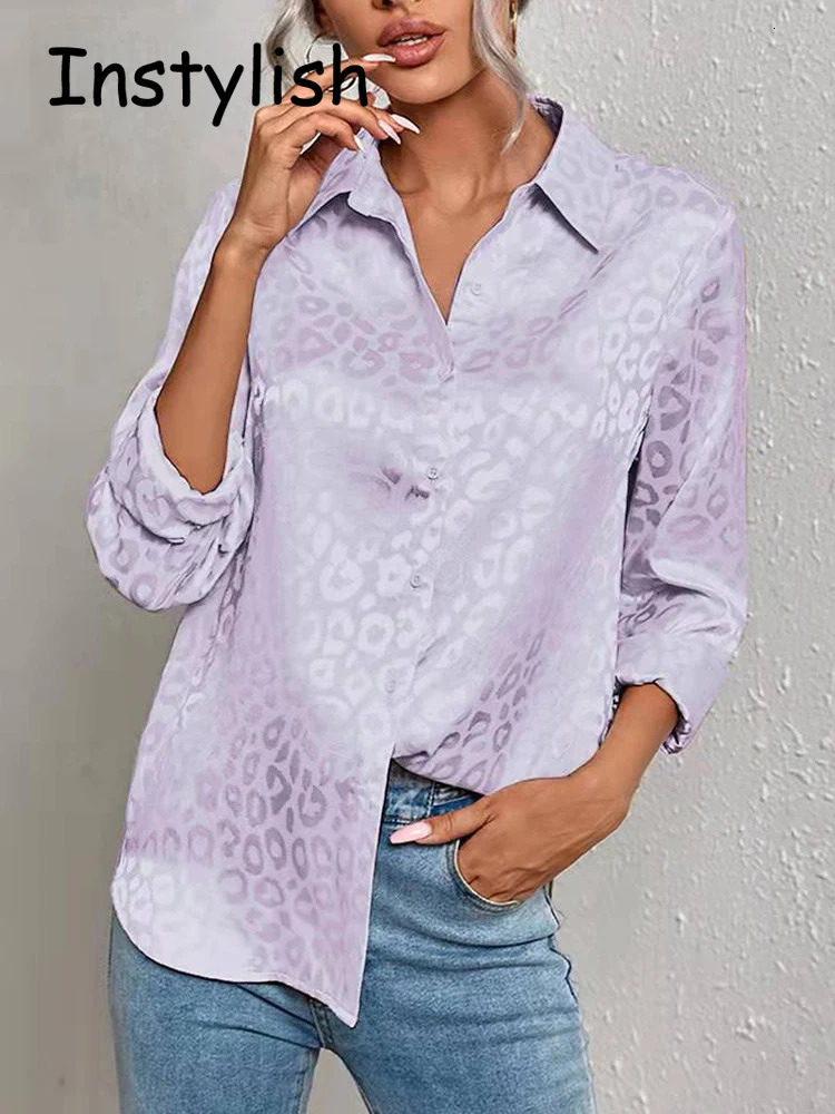 Women Leopard Print Blouse Spring Summer Long Sleeve Lapen Vintage Button Up Shirt Office Lady Satin Tunics Harajuku Top 250303