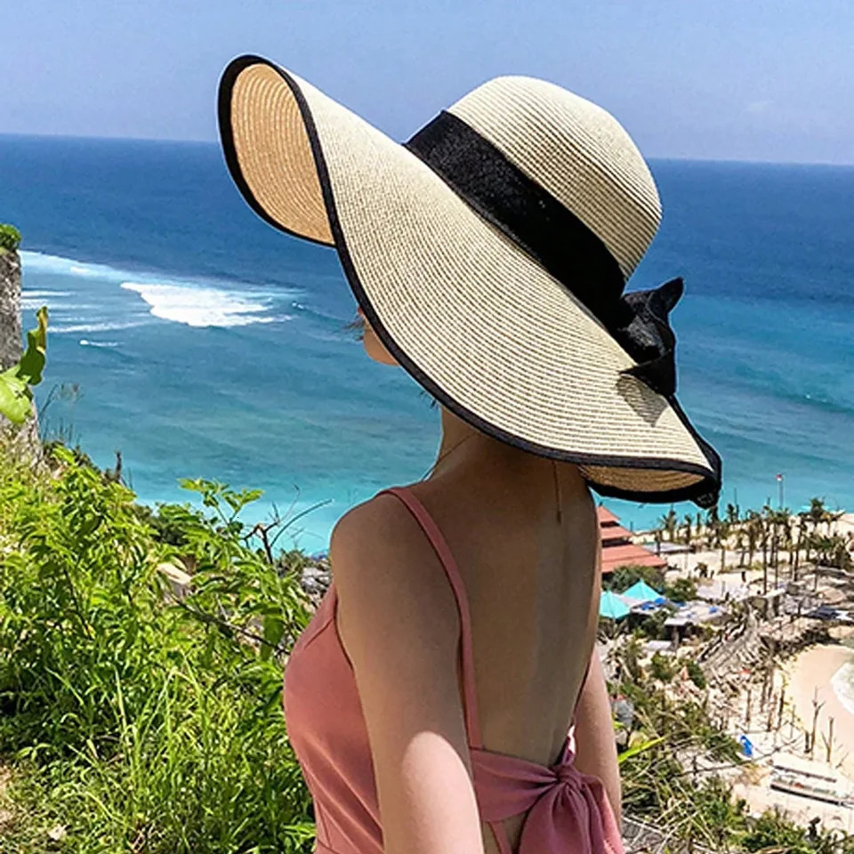 1pc Womens Oversize Brim Straw Hat Womens Summer Sun Block Big Brim Hat Seaside Bow Beach Hat Suitable For Sun Protection 250227