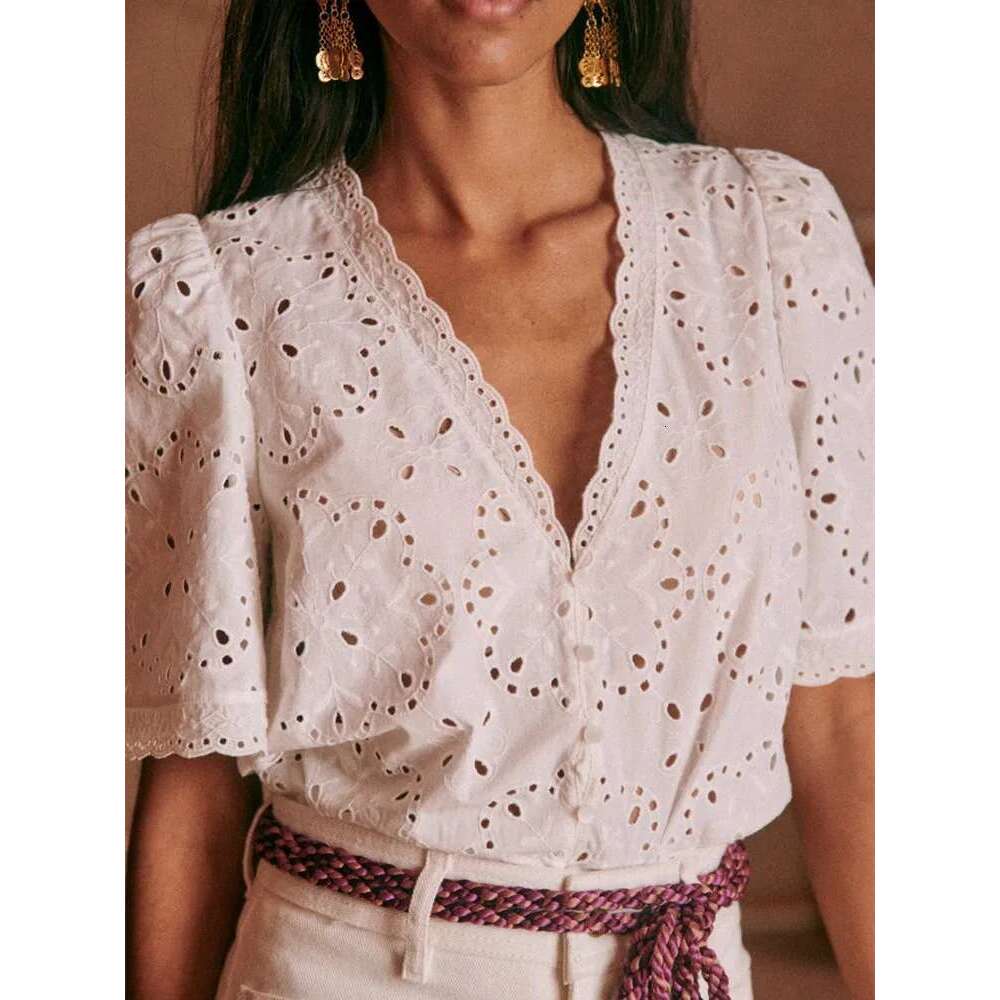 Women Wavy Edge White Cotton Shirt 2025 Early Autumn Female Short Sleeve Blouses Embroidery Hollow Out Top