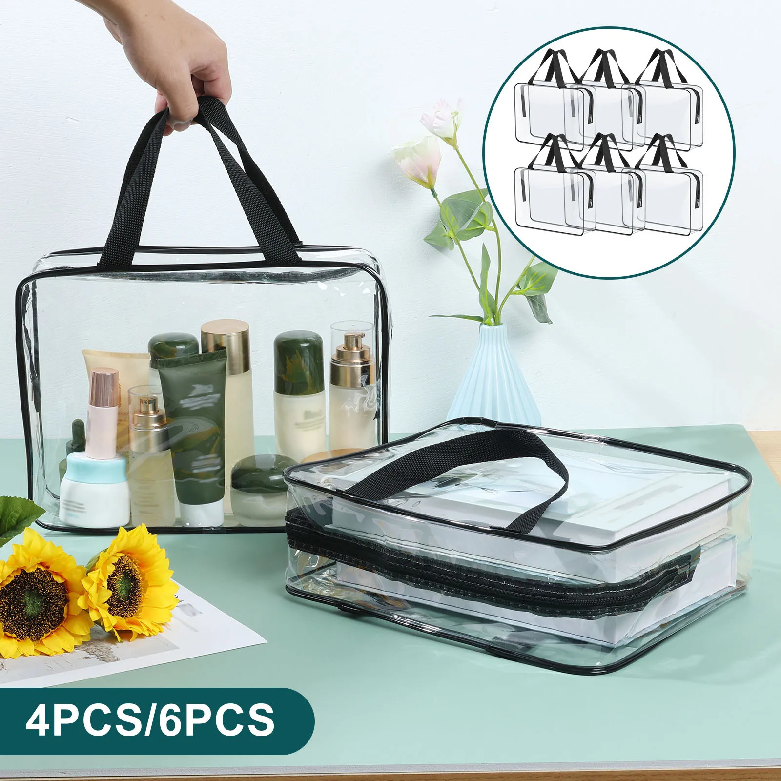 4/6Pcs PVC Makeup Storage Bags Portable Large Capacity Waterproof Clear Organizer Bag with Zipper for Travel Washing Household 250303