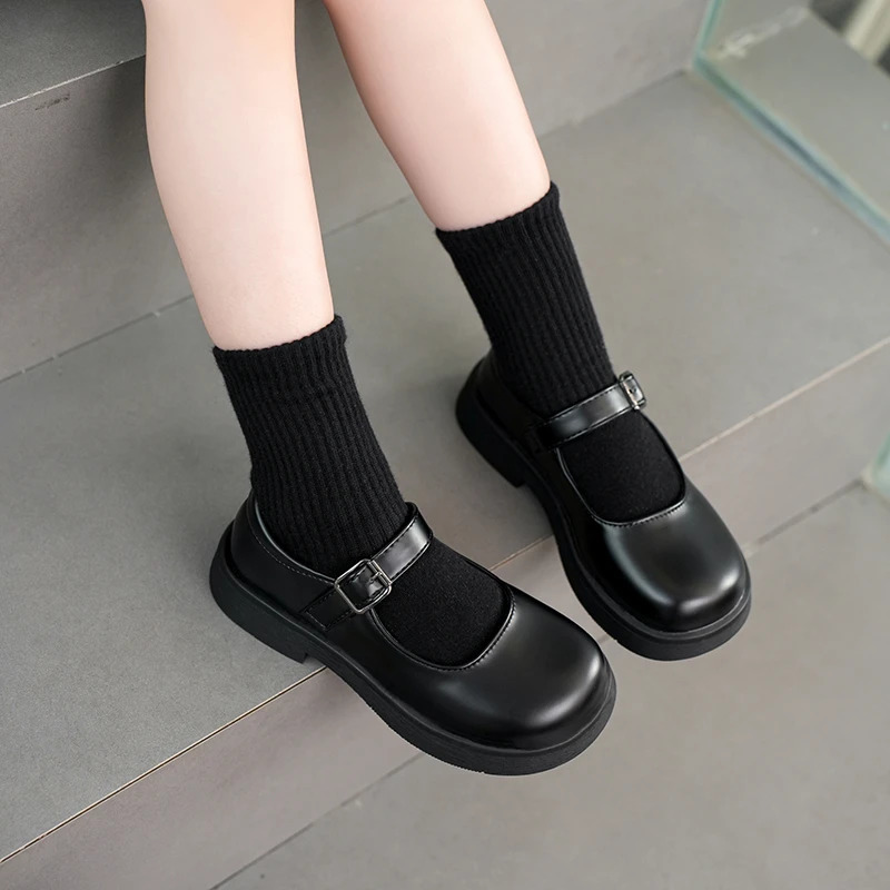 Girls Leather Shoes Versatile Buckle Black Children Casual School PU Nonslip Kids Fashion Loafers Korean Style 250303