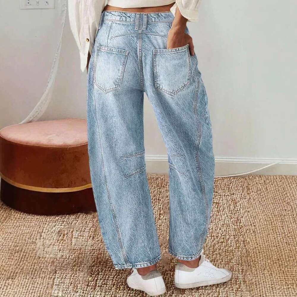 2025 Women's Vintage Patchwork Jeans Basic Fashion Pocket Straight-Leg Slacks Loose-Fit Pants