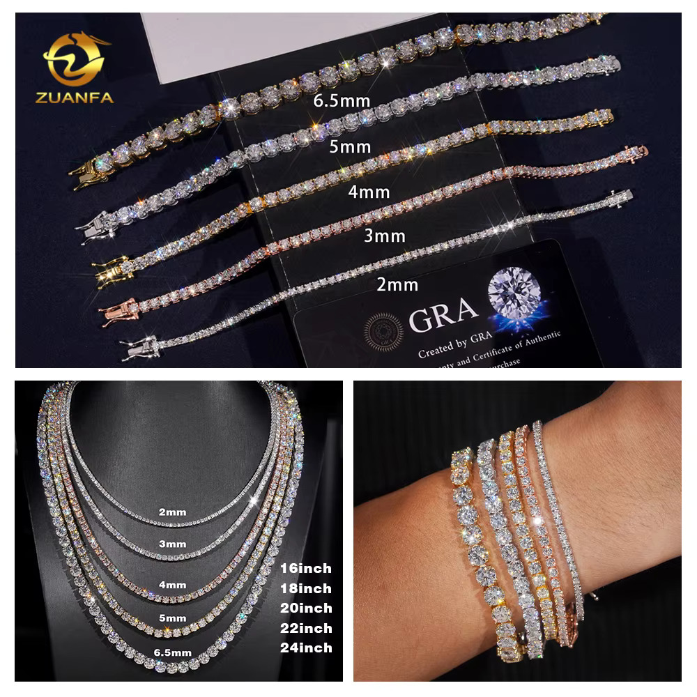 Men Women Hip Hop Iced Out Fine Jewelry 2MM 3MM 4MM 5MM Lab Dia S Sier Vvs Moissanite Tennis Chain Necklace