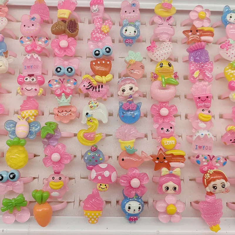 100pcs/Lot Wholesale Children Finger Rings for Girls Party Pink Cute Jewelry Open Adjust Resin Ring Cake Animal Fruit Ice Cream 250304
