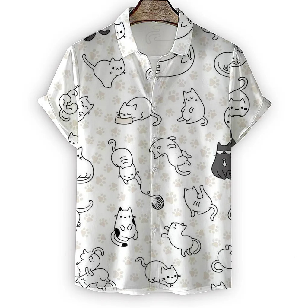 Summer high quality Mens Hawaiian Shirt 3D animal black cat Printed Short lapel Sleeve Big Size Hawaii Men Beach Floral Shirts 250227