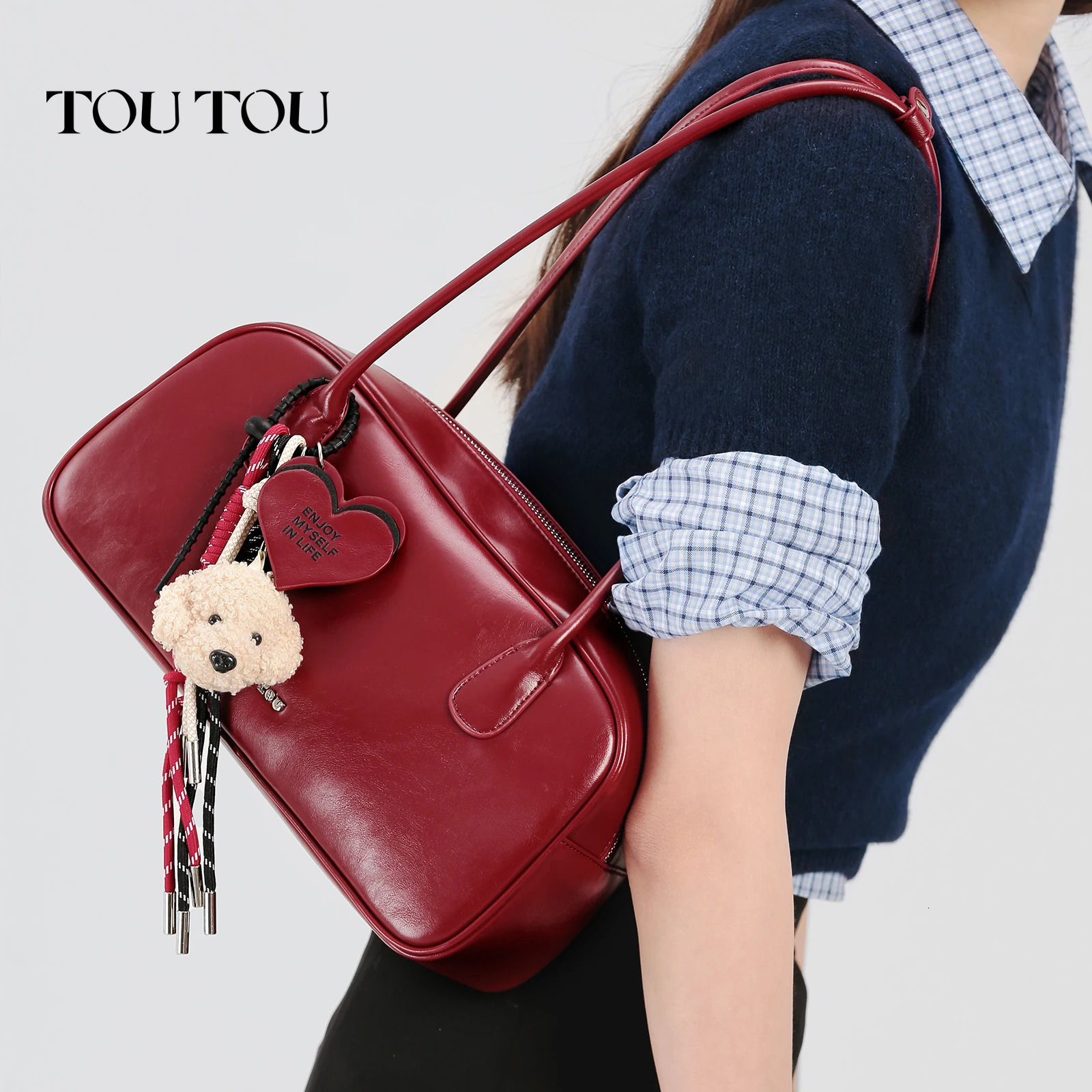 TOUTOU Red Bowling Bag for Women Dog Rope Pendant Boston PU Underarm Handbag 25cm Shoulder Strap 83 Inch Laptop Valentine Gift 250303